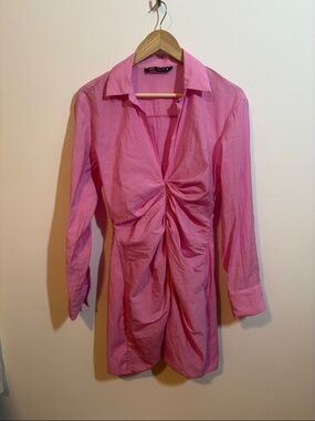 ZARA Bright Pink Shirt Dress with Collar